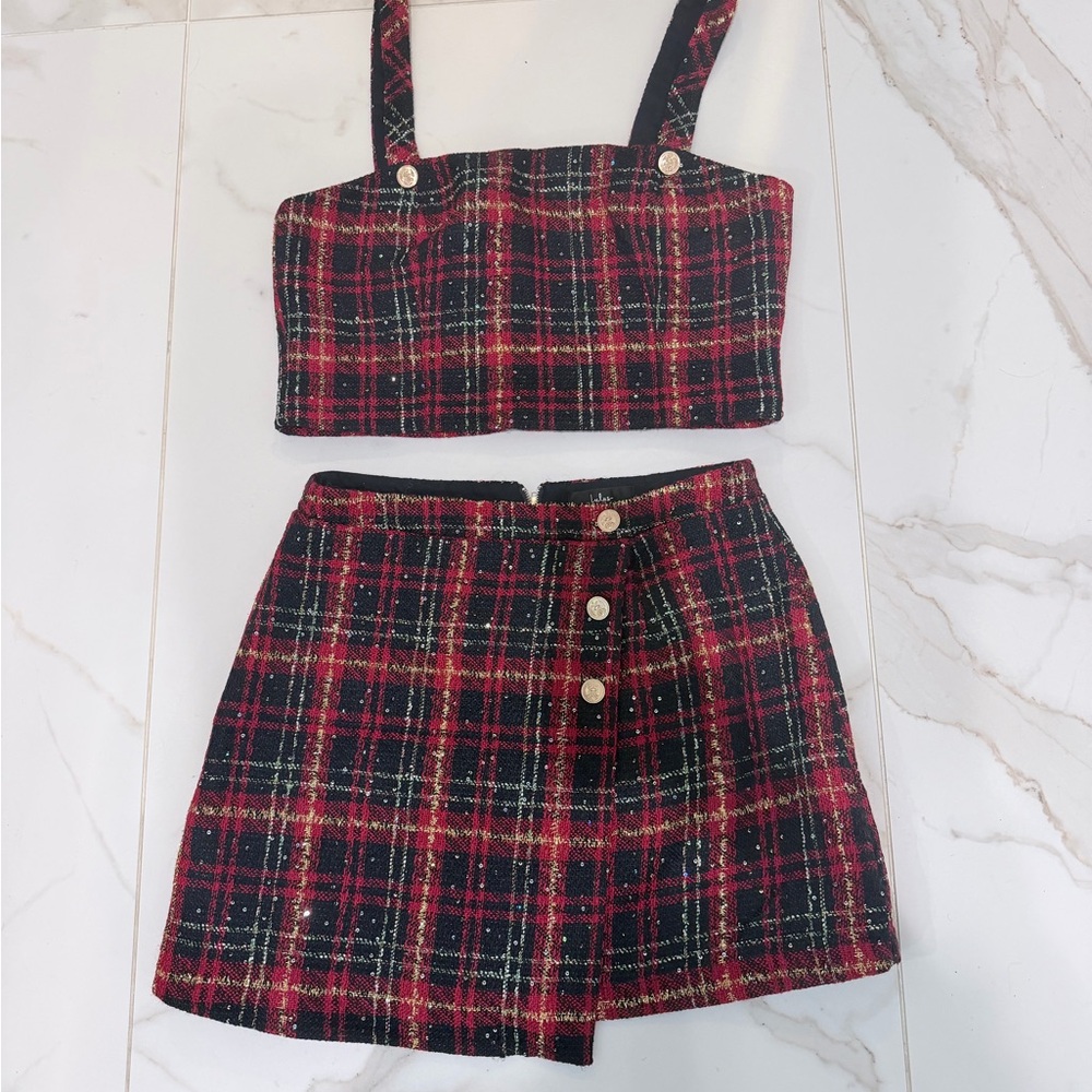 Lulu's Red Black Gold Plaid Button-Front 2 Piece Set (fits like size 10-12)